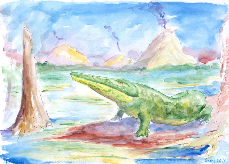 Палеореконструкция пермского Архегозавра Archegosaurus decheni Палеореконструкция пермского Архегозавра Archegosaurus decheni